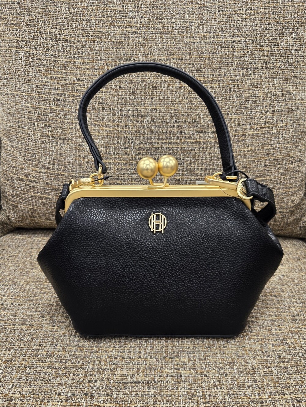 House of Harlow 1960 Black Leather Top-Handle Clutch with Gold Hardware
